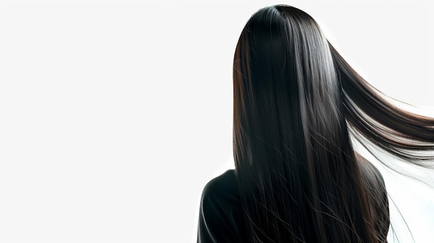 mujer con hermoso cabello largo en fondo blanco