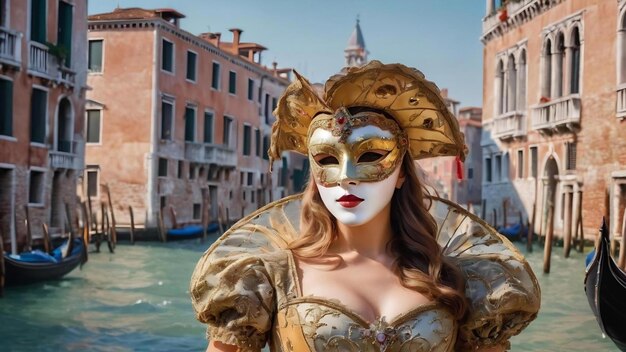 Mujer con un hermoso vestido y una máscara tradicional de Venecia durante el mundialmente famoso carnaval