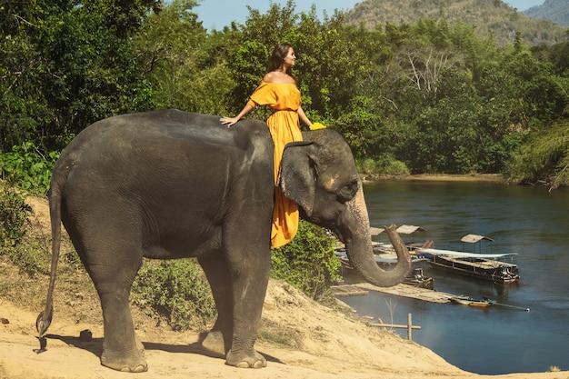 Mujer con hermoso vestido naranja está montando el poderoso elefante