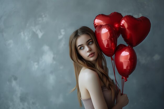 Mujer con hermosos globos de corazón rojo