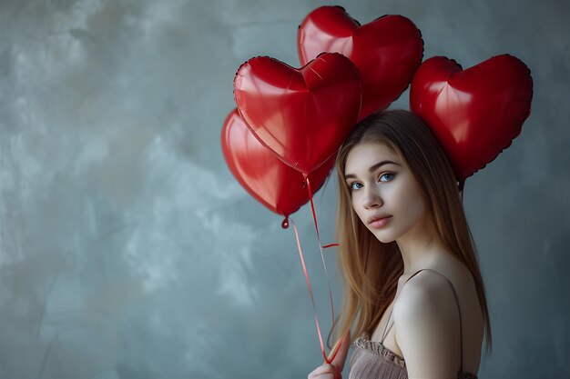 Mujer con hermosos globos de corazón rojo