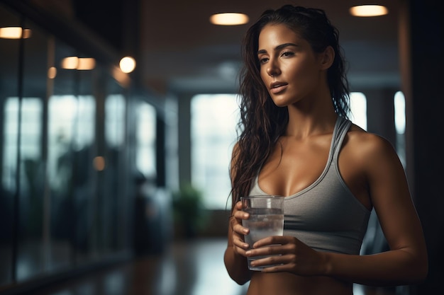 una mujer hidratándose con un vaso de agua después de una sesión de entrenamiento