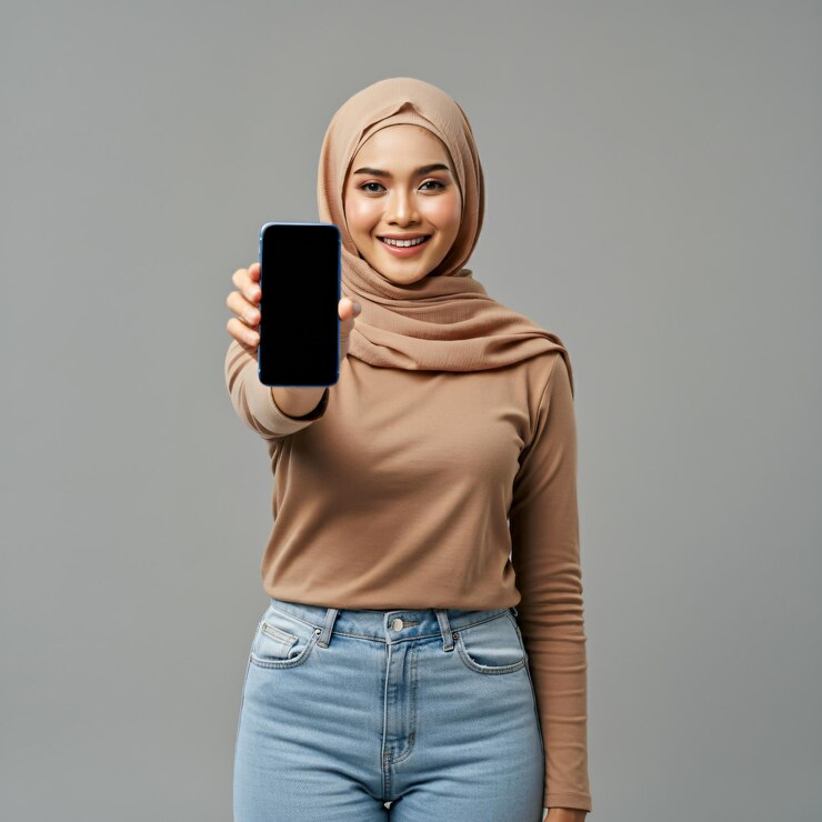 Mujer con un hijab beige sosteniendo un teléfono inteligente hacia la cámara con un fondo gris