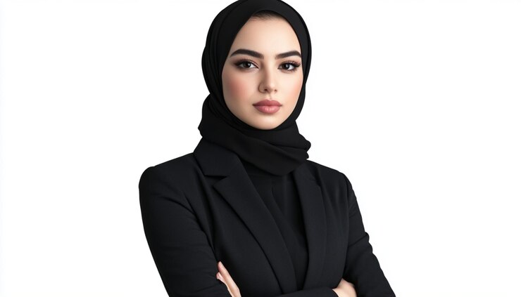 una mujer con un hijab con los brazos cruzados