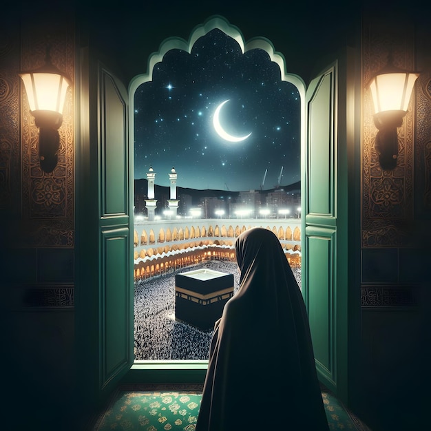 una mujer con hijab está mirando por una puerta en una mezquita y la Kaaba