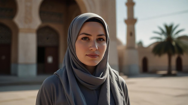 Una mujer con un hijab está de pie frente a una mezquita verde