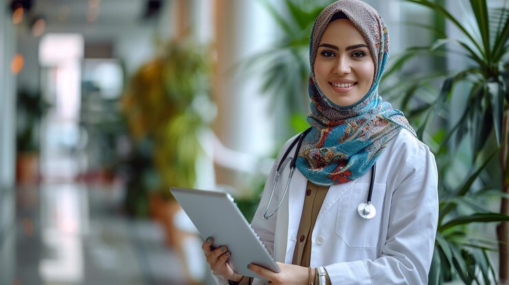una mujer con un hijab con un estetoscopio en el cuello