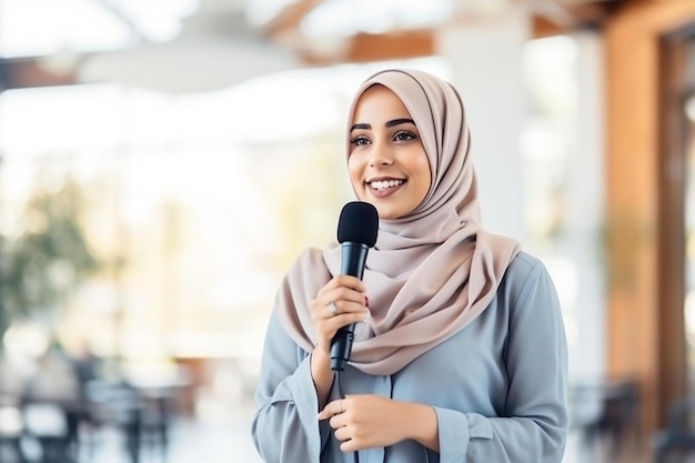 Foto una mujer con un hijab con un micrófono