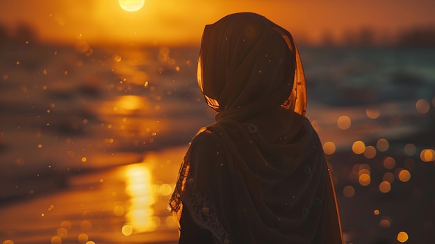 Una mujer con un hijab mirando al sol