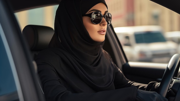 Una mujer con un hijab negro conduce un coche en primer plano