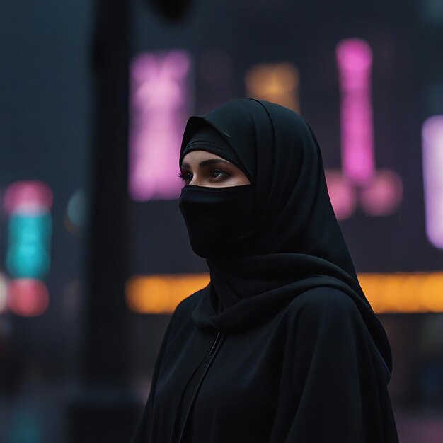 Foto una mujer con un hijab negro con un fondo borroso