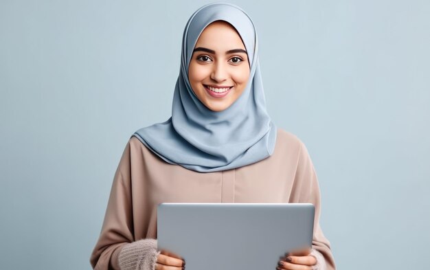 Una mujer con un hijab con un pañuelo azul en la cabeza.