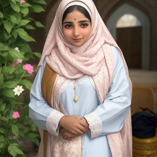 Foto una mujer con un hijab rosa y blanco está de pie frente a un arbusto con flores