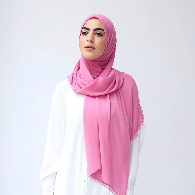 mujer con hijab rosa y camisa blanca de manga larga contra un fondo plano