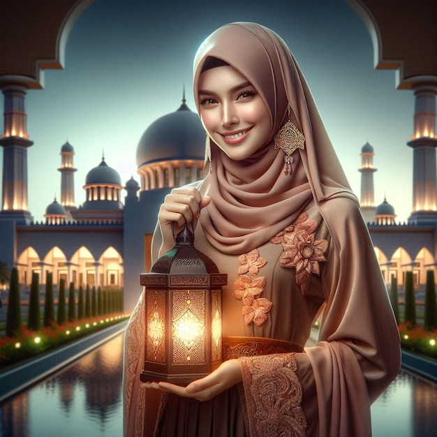 Mujer con hijab Shari con el popular gamis típico de Indonesia