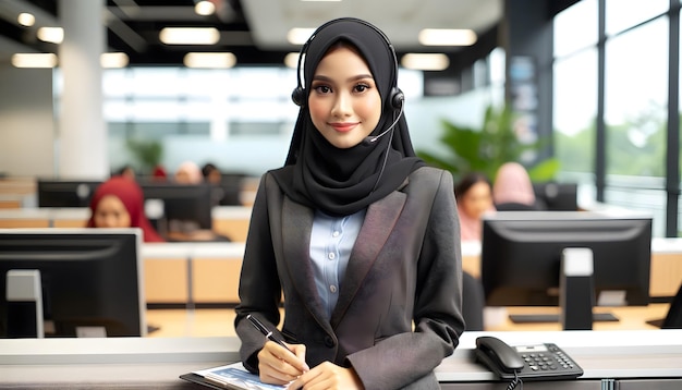 una mujer con hijab se sienta frente a un monitor de computadora