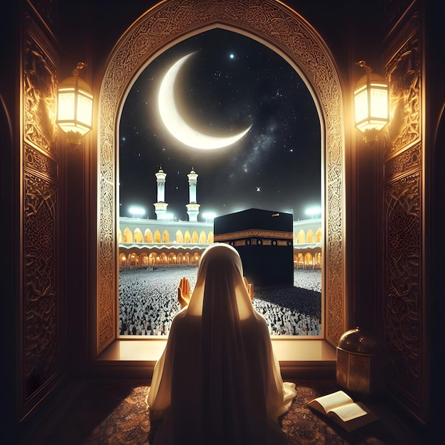 una mujer con hijab se sienta frente a una ventana con una luna creciente en la parte superior y la Kaaba