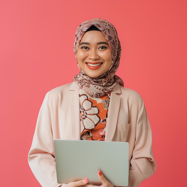 una mujer hijab sosteniendo una computadora portátil frente a un fondo rosa