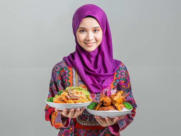 Una mujer en hijab sosteniendo dos platos de comida