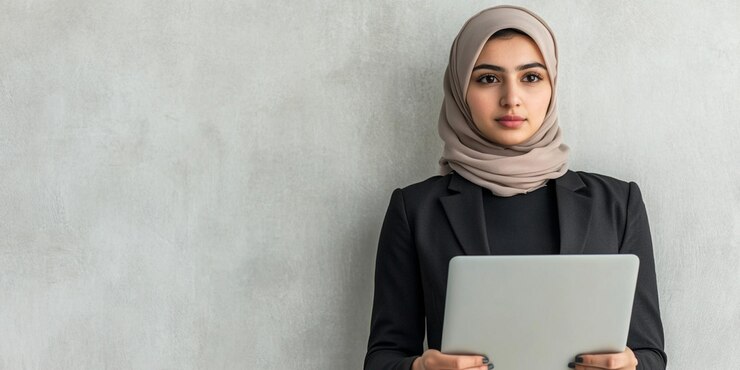 una mujer con un hijab sostiene una computadora portátil frente a una pared gris
