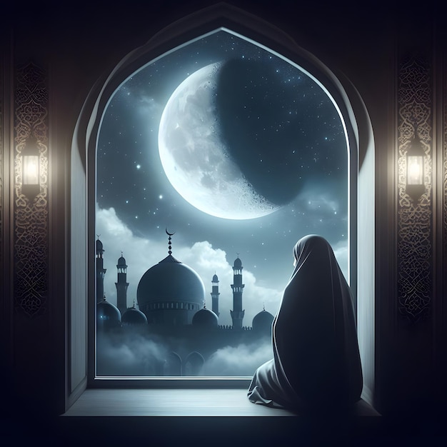 una mujer con hijabs delante de una ventana con una luna y una mezquita en el fondo