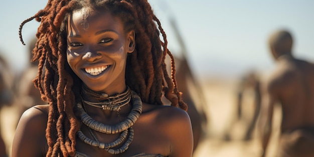 Una mujer Himba de apariencia distintiva adornada con ropa y joyas tradicionales que encarnan costumbres y cultura antiguas Ai Generative AI