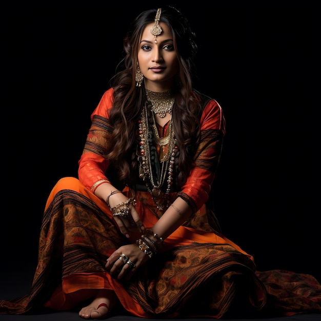 Mujer hindi sentada sobre un fondo negro