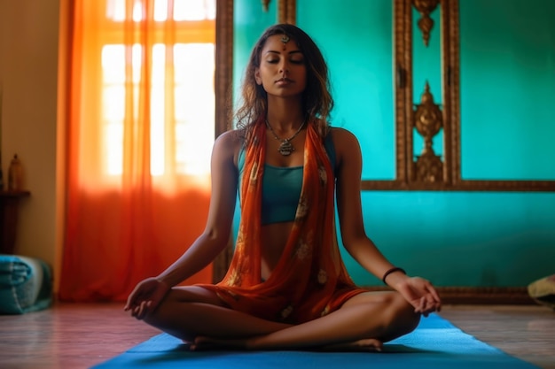 Mujer hindú meditando sola en casa imagen del concepto de atención plena