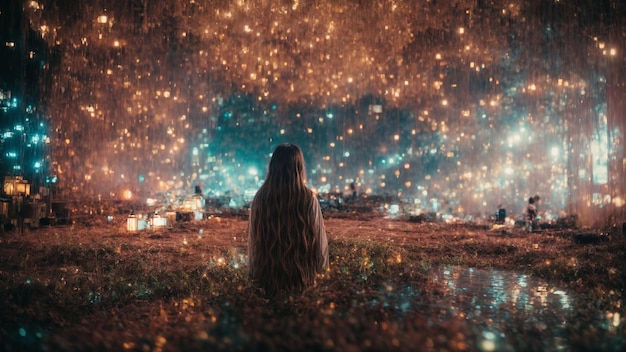 Foto una mujer hipnotizada por los fuegos artificiales vibrantes en un campo pintoresco