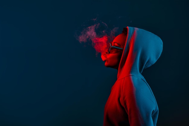 Foto mujer hipster casual con capucha y gafas de sol en la cabeza que sopla humo desde la vista lateral de la boca en luz roja de neón