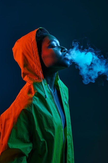 Mujer hipster en impermeable que sopla humo de la boca