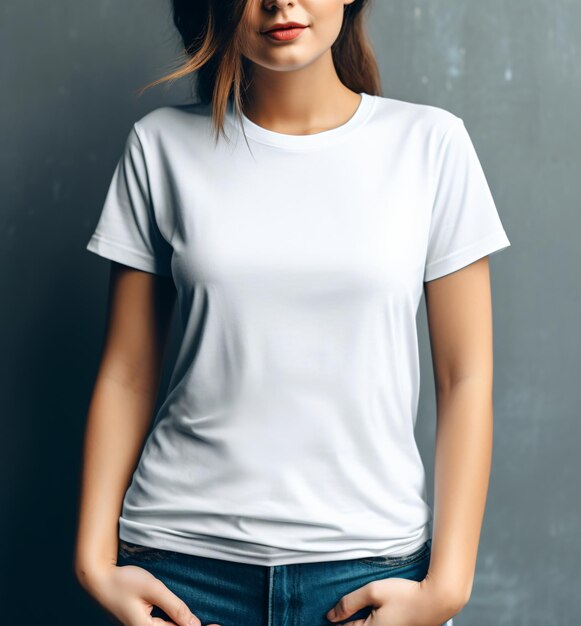 Mujer hipster con una plantilla de camiseta casual blanca vista frontal un diseño de camiseta de maqueta en blanco