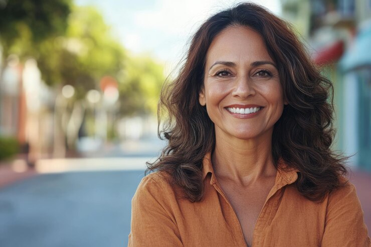 Una mujer hispana segura de mediana edad sonriendo en la calle.