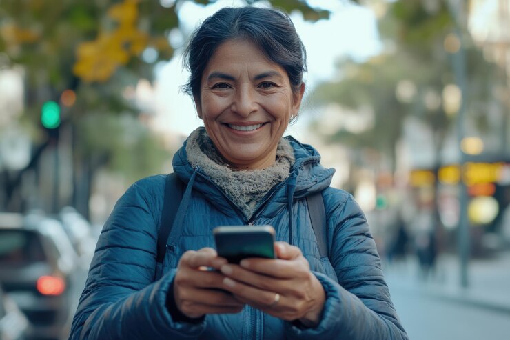 Una mujer hispana segura de mediana edad sonriendo mientras usa su teléfono inteligente en la calle