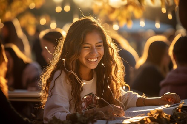 Mujer hispana sonriendo mientras estudia afuera