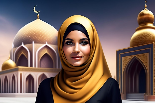 Una mujer con un hiyab amarillo se para frente a una mezquita.