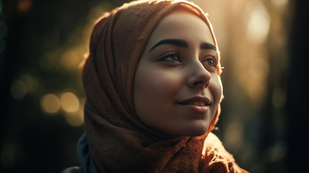 Una mujer con hiyab y bufanda mira al cielo.