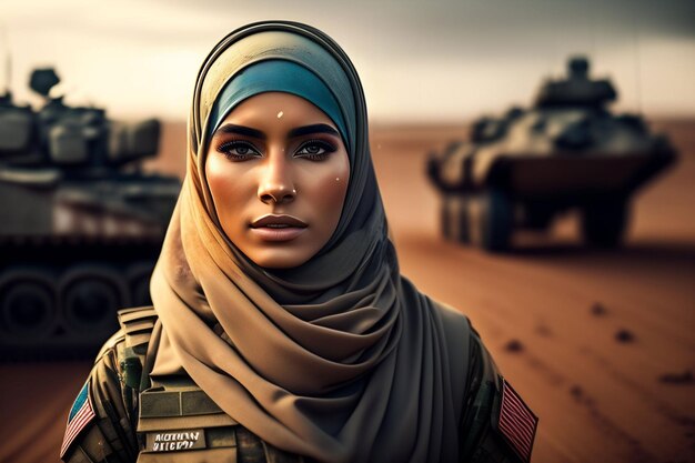 Una mujer con hiyab se para frente a un tanque.