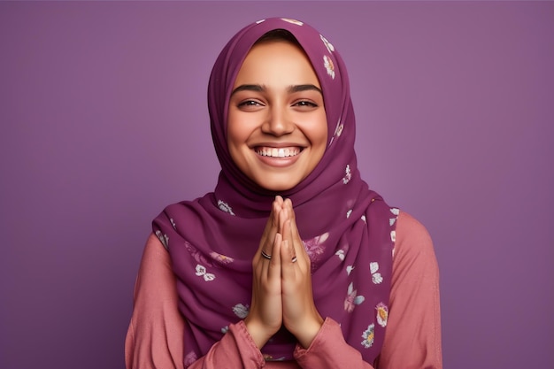 Una mujer con un hiyab morado con una bufanda rosa y una bufanda rosa con la imagen de un corazón en la cabeza