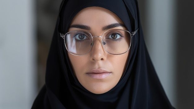 Una mujer con hiyab negro y gafas.