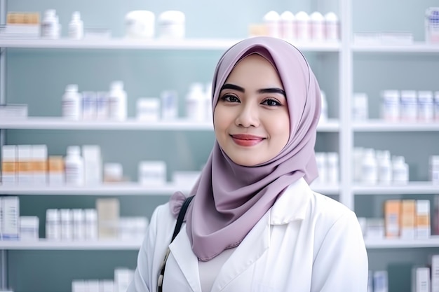 Una mujer con un hiyab rosa se para frente a un estante de farmacia.