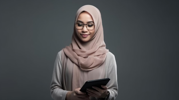 Una mujer con un hiyab rosa sostiene una tableta en sus manos.