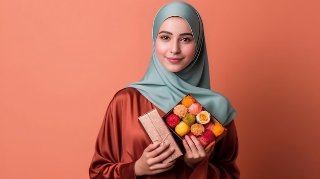 Una mujer con hiyab sostiene una caja de bombones.