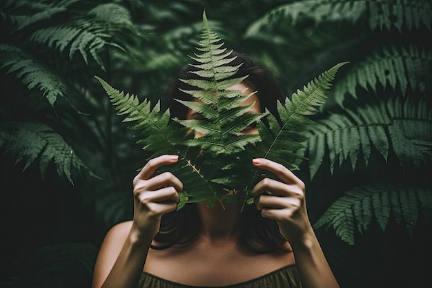 Una mujer con una hoja de marihuana en la cara