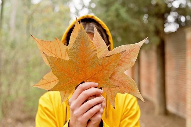 Foto mujer con una hoja de otoño delante de la cara