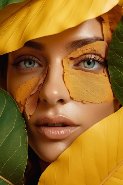 Una mujer con hojas amarillas en la cara.