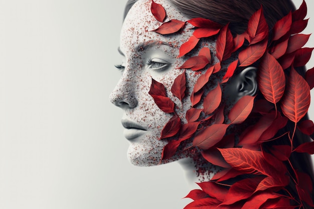 Foto una mujer con hojas rojas en la cara.