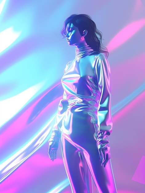 Mujer holográfica que brilla en colores radiantes contra un fondo gradiente IA generativa