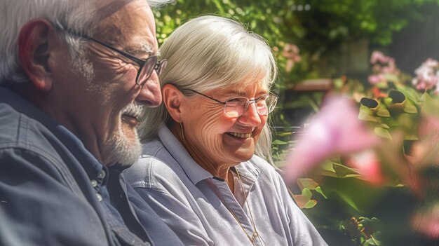 Mujer y hombre ancianos felices sentados en un soleado día de verano en un jardín en flor