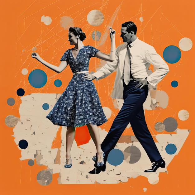 una mujer y un hombre bailan sobre un fondo azul al estilo de un collage peculiar